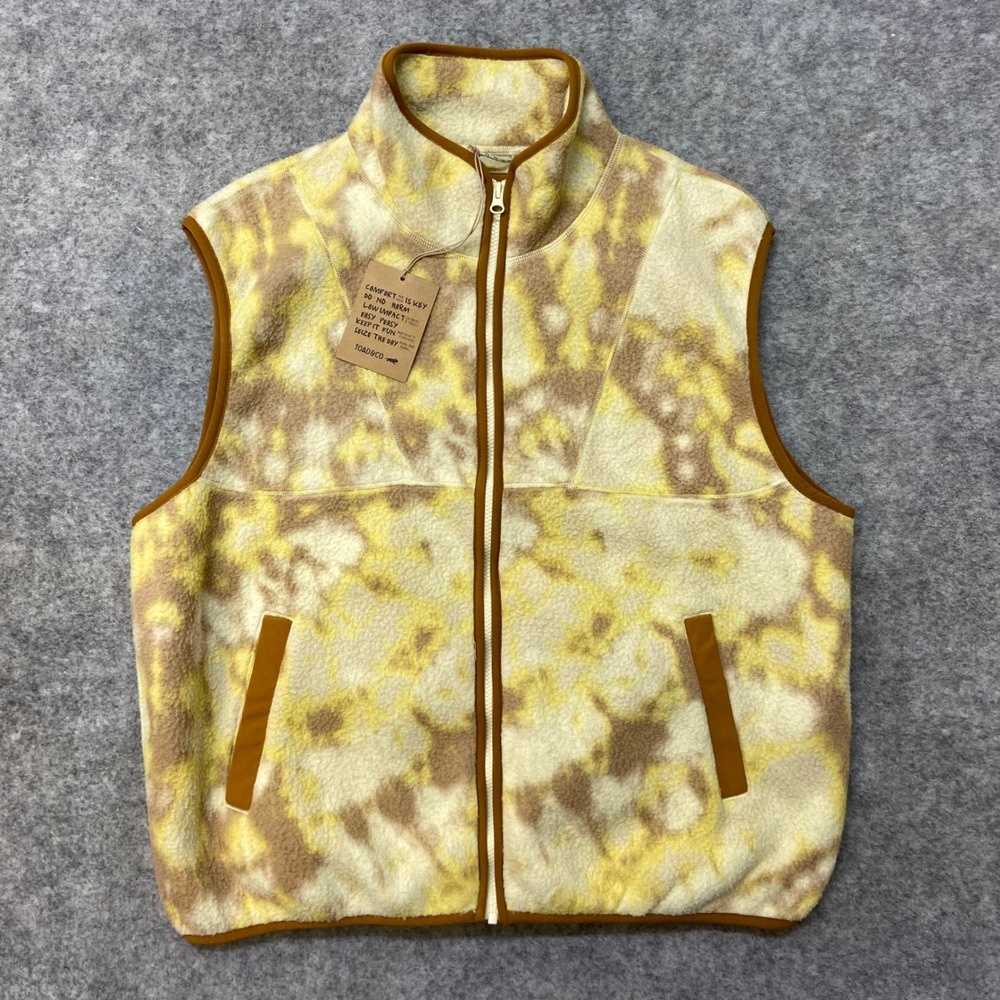 TOAD&CO Mens Fleece Vest Tie Dye Yellow Brown Full Zip‎ Pockets Size L